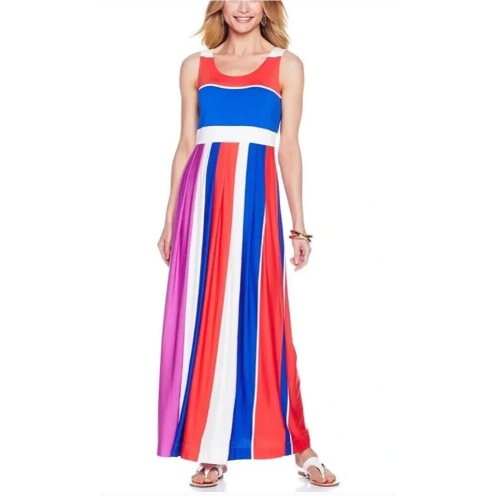 Hot In Hollywood Jilly Pleated Stripe Tank Maxi Dress Colorblock Festival 2X NEW